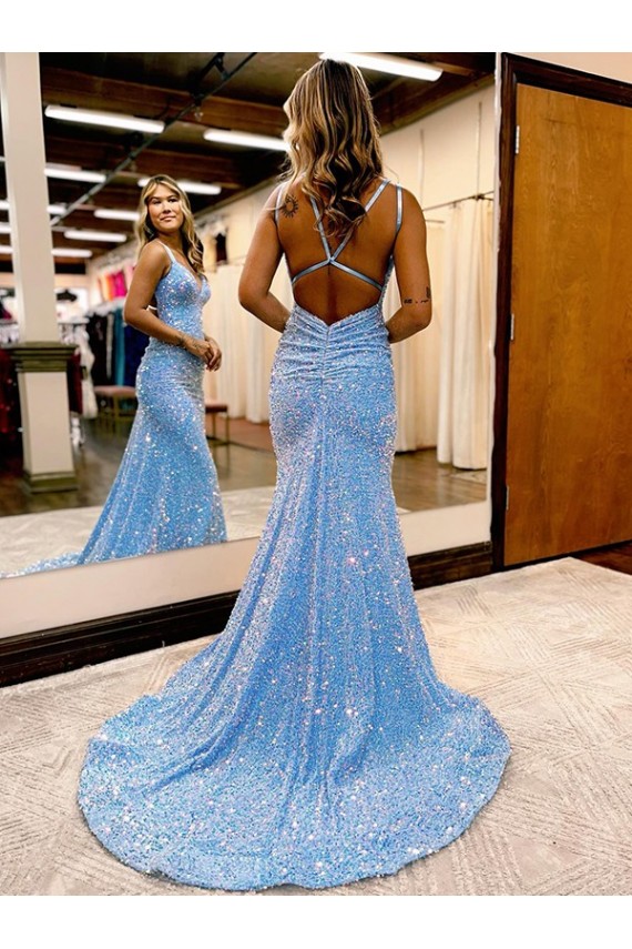 V-Neck Sweep Train Velvet Sequin Periwinkle Sleeveless Evening Gown Darwin