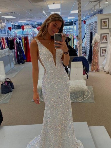 V-Neck Sweep Train Velvet Sequin Sleeveless Prom Dresses Darwin
