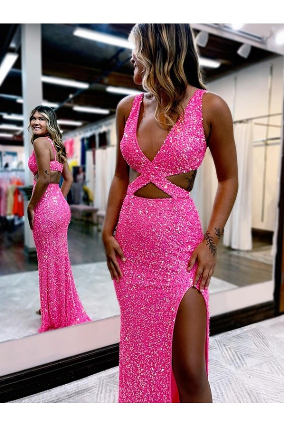 V-Neck Long Sweep Train Velvet Sequin Sleeveless Evening Dress Darwin