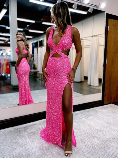 V-Neck Long Sweep Train Velvet Sequin Sleeveless Evening Dress Darwin