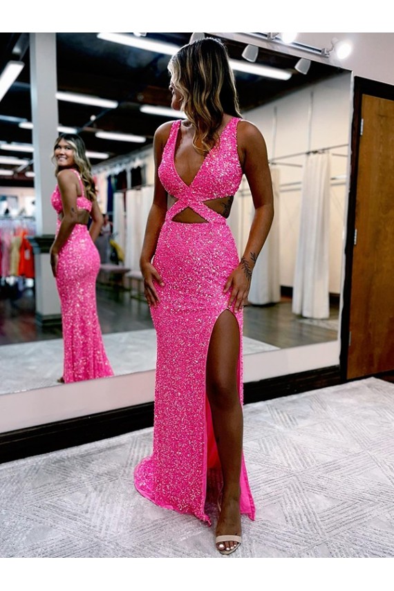 V-Neck Long Sweep Train Velvet Sequin Sleeveless Evening Dress Darwin