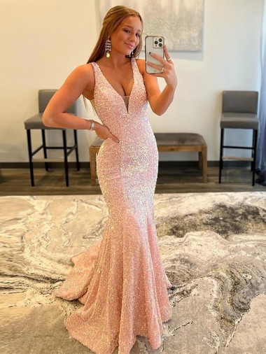 V-Neck Sweep Train Velvet Sequin Sleeveless Evening Dress Darwin