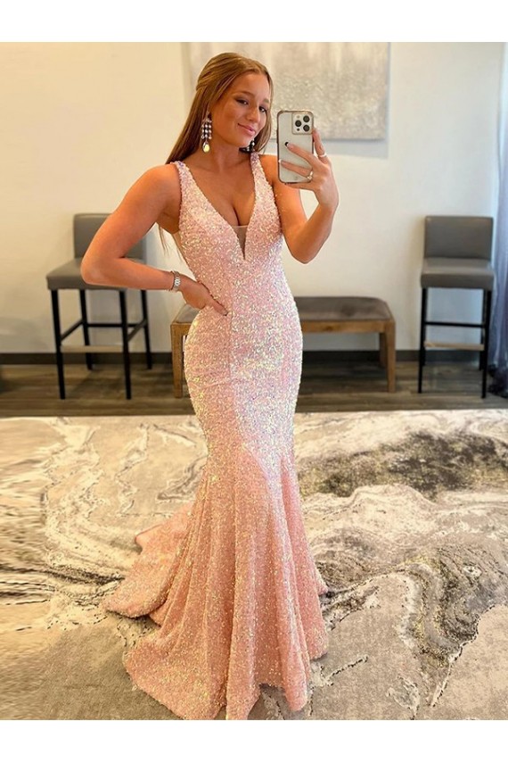 V-Neck Sweep Train Velvet Sequin Sleeveless Evening Dress Darwin