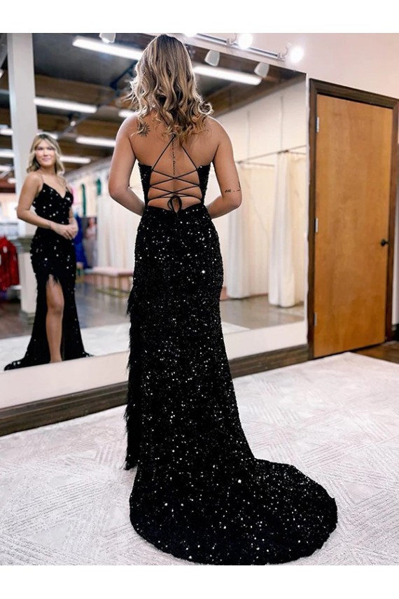V-Neck Sweep Train Velvet Sequin Royal Blue Sleeveless Evening Dress Darwin