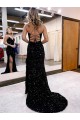 V-Neck Sweep Train Velvet Sequin Royal Blue Sleeveless Evening Dress Darwin