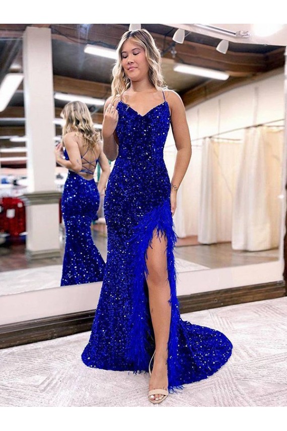 V-Neck Sweep Train Velvet Sequin Royal Blue Sleeveless Evening Dress Darwin