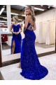V-Neck Sweep Train Velvet Sequin Royal Blue Sleeveless Evening Dress Darwin