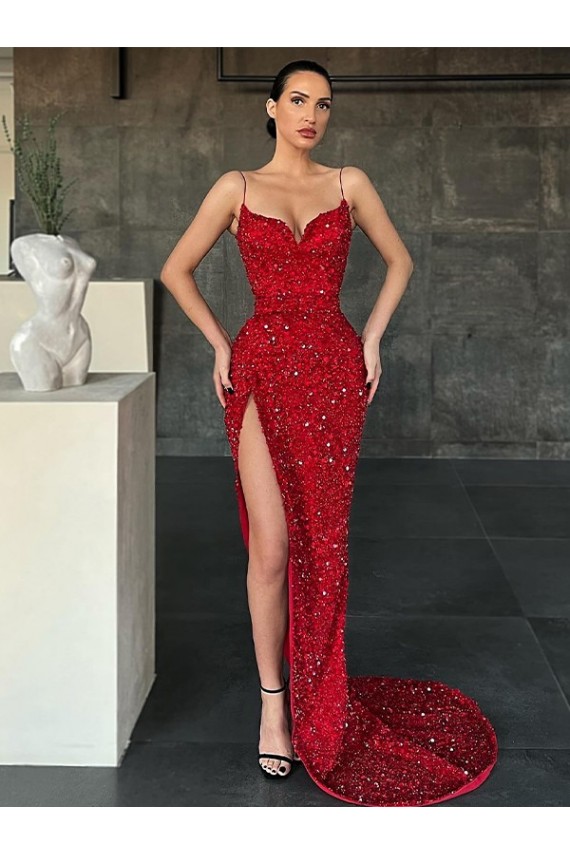 V-Neck Sweep Train Velvet Sequin Red Sleeveless Evening Gown / Prom Dress Darwin