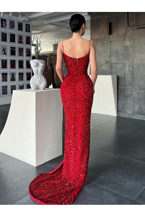 V-Neck Sweep Train Velvet Sequin Red Sleeveless Evening Gown / Prom Dress Darwin