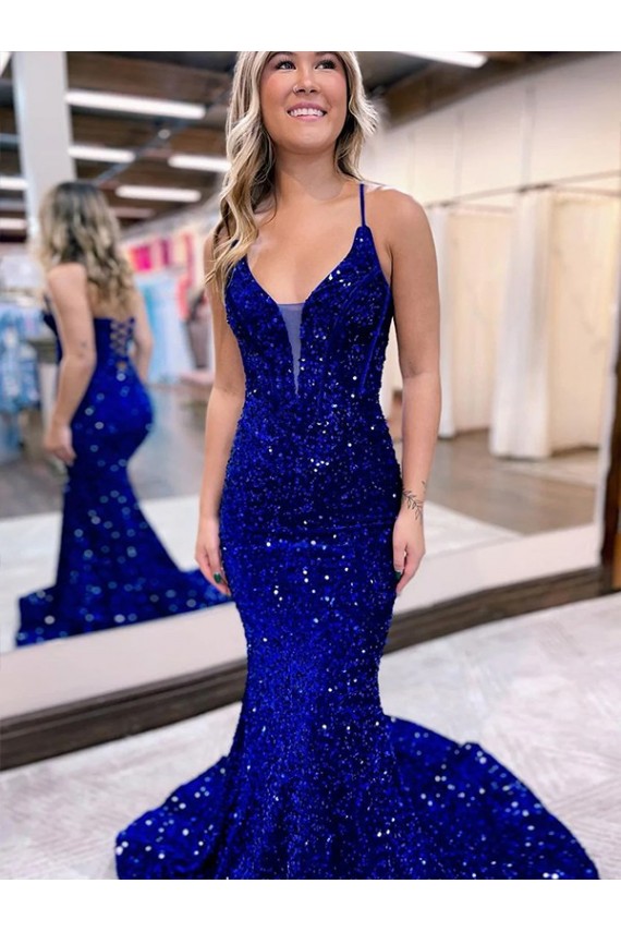 V-Neck Court Train Velvet Sequin Royal Blue Sleeveless Prom Dress Darwin