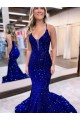 V-Neck Court Train Velvet Sequin Royal Blue Sleeveless Prom Dress Darwin