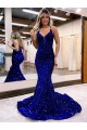 V-Neck Court Train Velvet Sequin Royal Blue Sleeveless Prom Dress Darwin