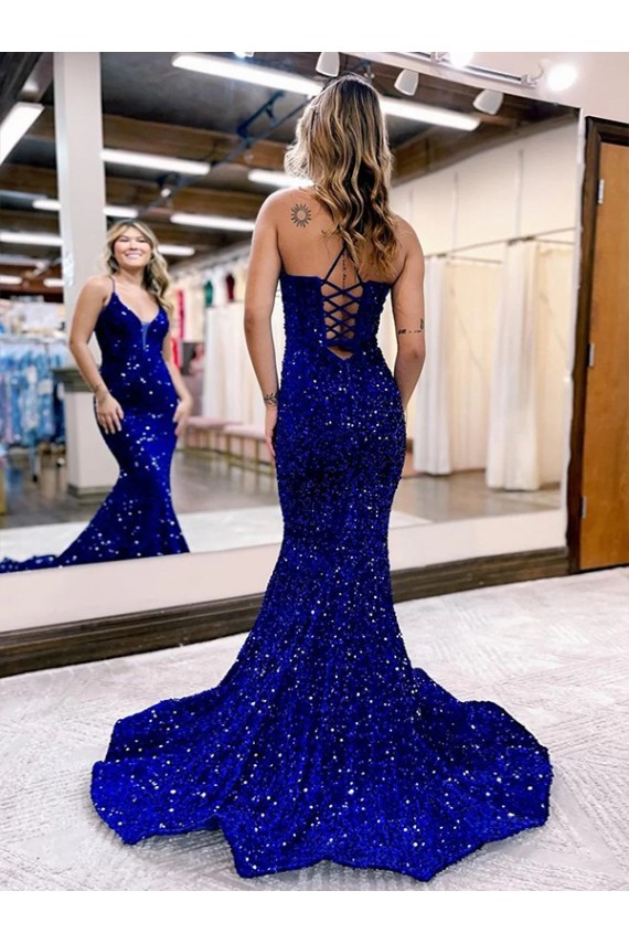 V-Neck Court Train Velvet Sequin Royal Blue Sleeveless Prom Dress Darwin