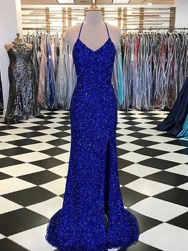 V-Neck Sweep Train Velvet Sequin Royal Blue Sleeveless Prom Dress / Evening Gown Darwin