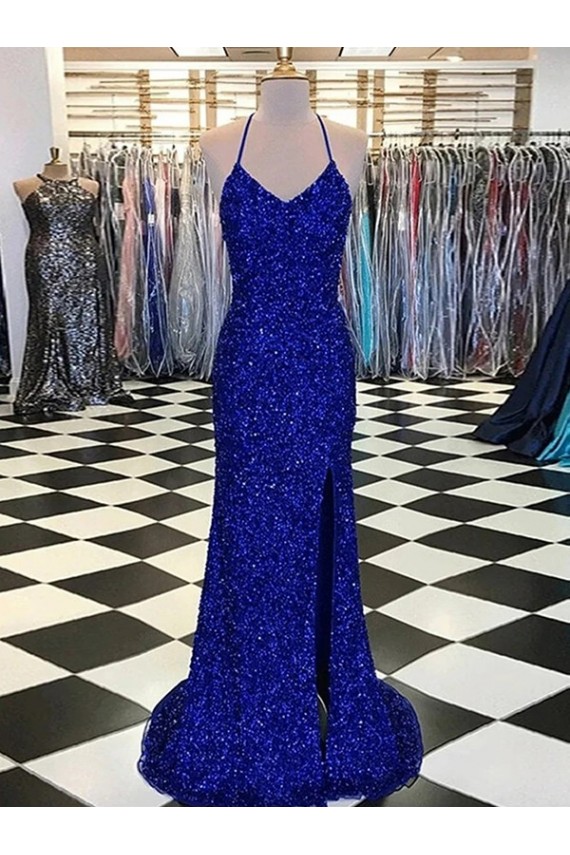 V-Neck Sweep Train Velvet Sequin Royal Blue Sleeveless Prom Dress / Evening Gown Darwin