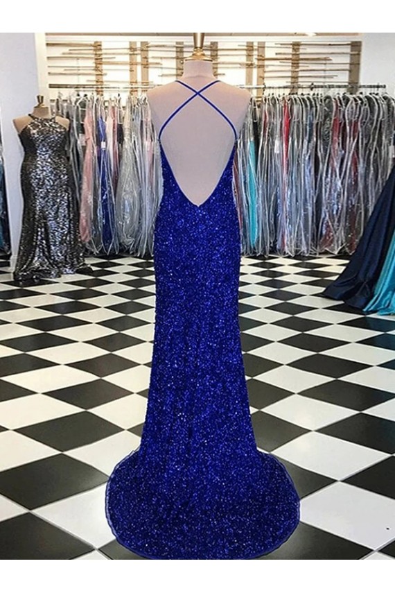 V-Neck Sweep Train Velvet Sequin Royal Blue Sleeveless Prom Dress / Evening Gown Darwin