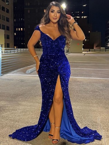 V-Neck Sweep Train Velvet Sequin Royal Blue Sleeveless Dress Darwin