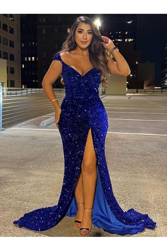 V-Neck Sweep Train Velvet Sequin Royal Blue Sleeveless Dress Darwin