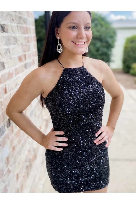 Halter Neck Short Velvet Sequin Black Sleeveless Prom Dress Darwin