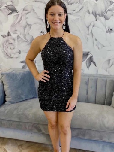 Halter Neck Short Velvet Sequin Black Sleeveless Prom Dress Darwin