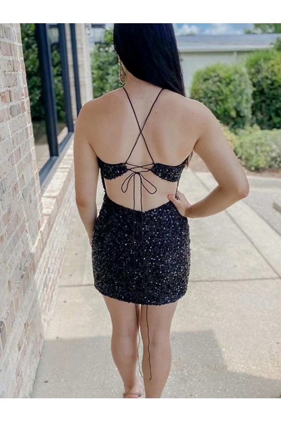 Halter Neck Short Velvet Sequin Black Sleeveless Prom Dress Darwin