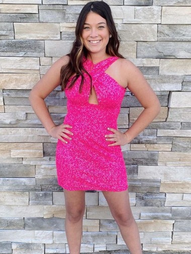 Halter Neck Short Velvet Sequin Fuchsia Sleeveless Homecoming Dress Darwin