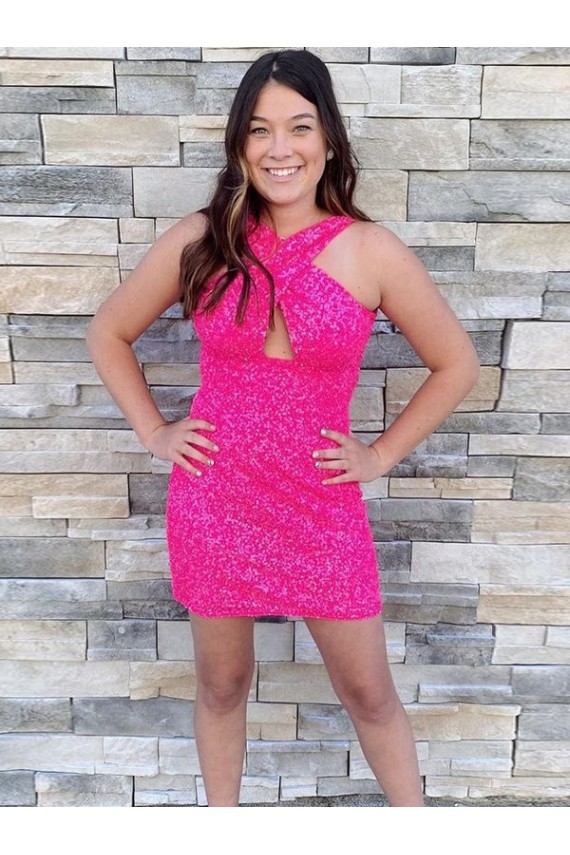 Halter Neck Short Velvet Sequin Fuchsia Sleeveless Homecoming Dress Darwin