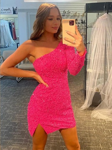 One Shoulder Short Velvet Sequin Long Sleeves Prom Dress / Evening Dress Darwin