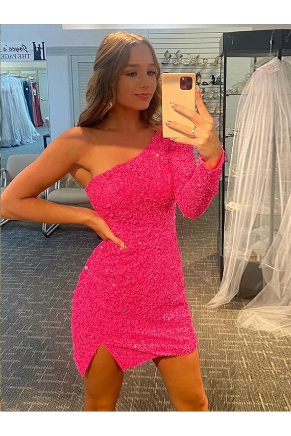 One Shoulder Short Velvet Sequin Long Sleeves Prom Dress / Evening Dress Darwin