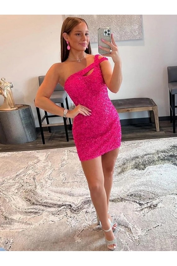 One Shoulder Short Velvet Sequin Fuchsia Sleeveless Prom Dresses Darwin