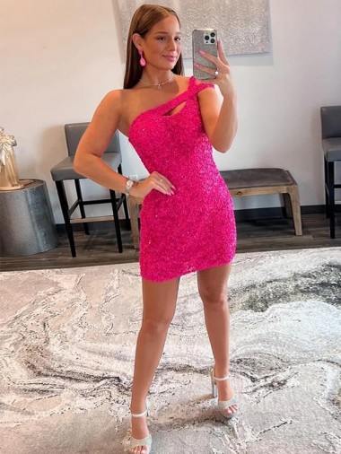 One Shoulder Short Velvet Sequin Fuchsia Sleeveless Prom Dresses Darwin