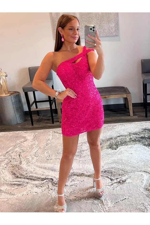 One Shoulder Short Velvet Sequin Fuchsia Sleeveless Prom Dresses Darwin