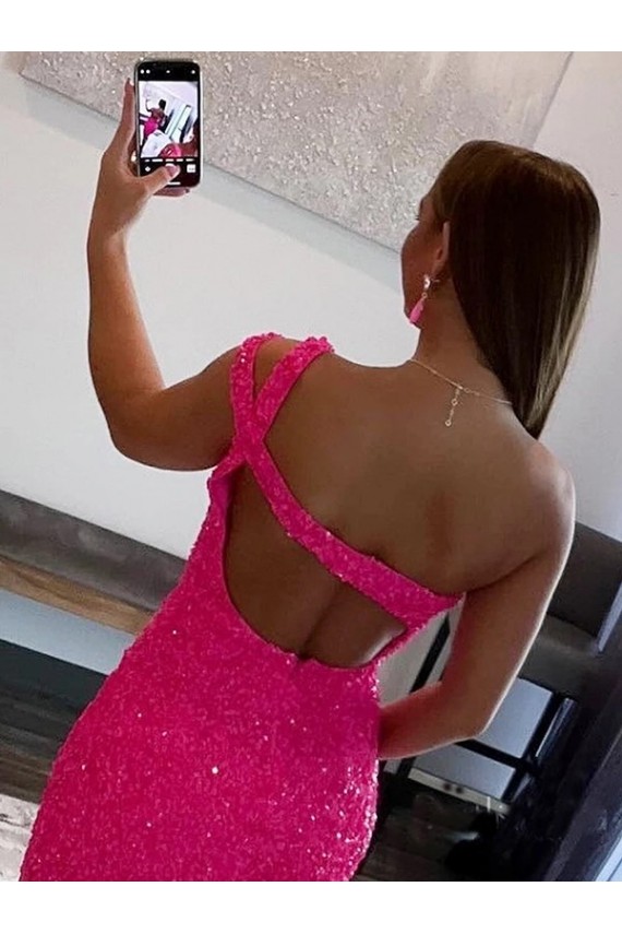 One Shoulder Short Velvet Sequin Fuchsia Sleeveless Prom Dresses Darwin