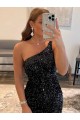One Shoulder Short Velvet Sequin Black Sleeveless Prom Dress / Evening Gown Darwin