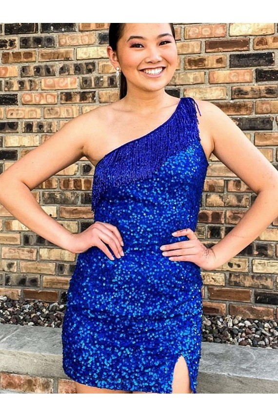 One Shoulder Short Velvet Sequin Royal Blue Sleeveless Homecoming Dresses Darwin