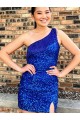 One Shoulder Short Velvet Sequin Royal Blue Sleeveless Homecoming Dresses Darwin
