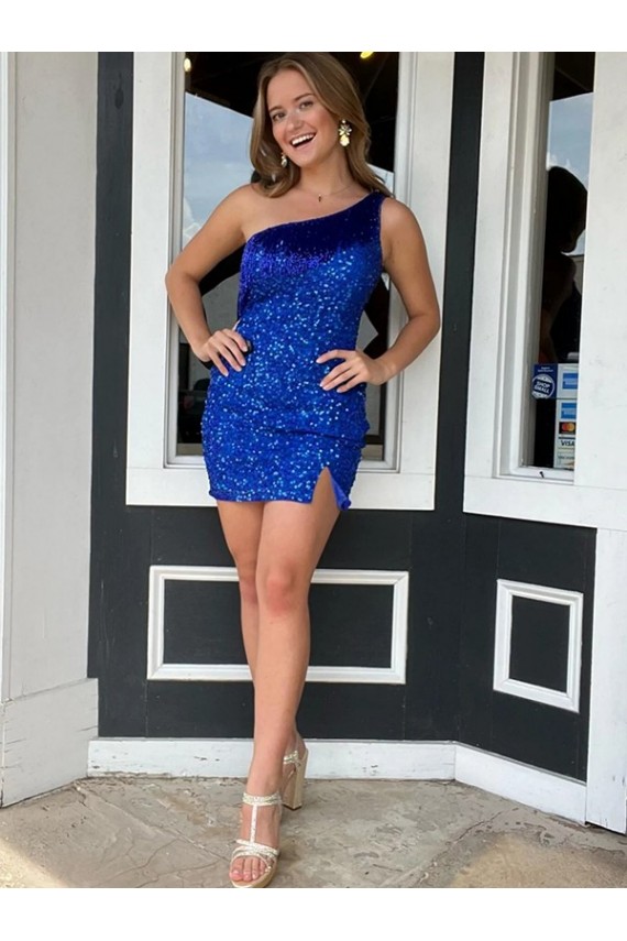 One Shoulder Short Velvet Sequin Royal Blue Sleeveless Homecoming Dresses Darwin