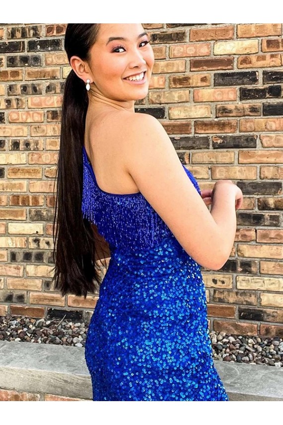 One Shoulder Short Velvet Sequin Royal Blue Sleeveless Homecoming Dresses Darwin