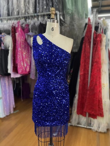 One Shoulder Short Velvet Sequins Royal Blue Sleeveless Homecoming Dress Darwin