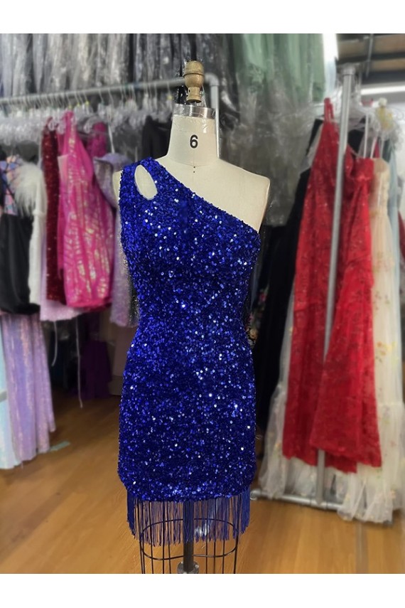 One Shoulder Short Velvet Sequins Royal Blue Sleeveless Homecoming Dress Darwin
