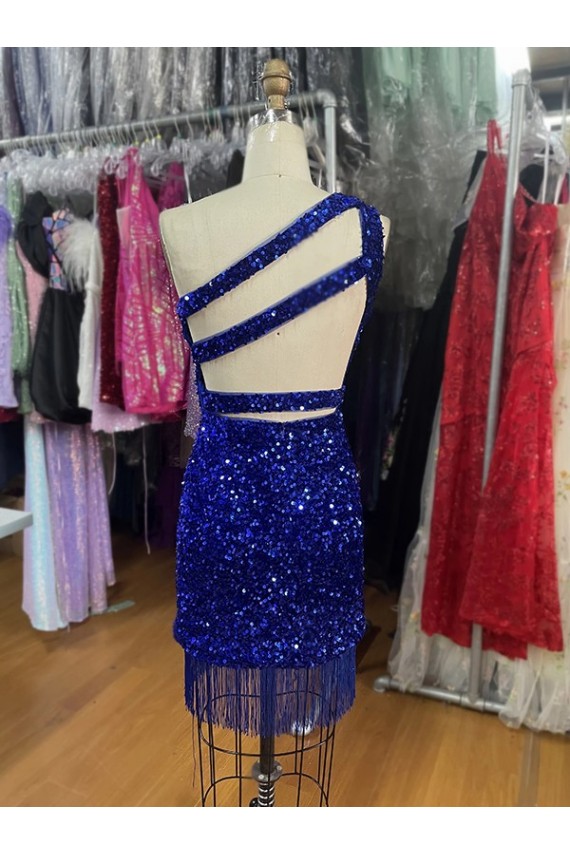 One Shoulder Short Velvet Sequins Royal Blue Sleeveless Homecoming Dress Darwin