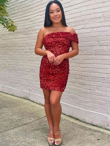 One Shoulder Short Velvet Sequin Burgundy Sleeveless Prom Dress Darwin