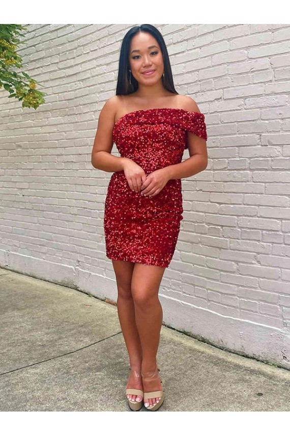 One Shoulder Short Velvet Sequin Burgundy Sleeveless Prom Dress Darwin