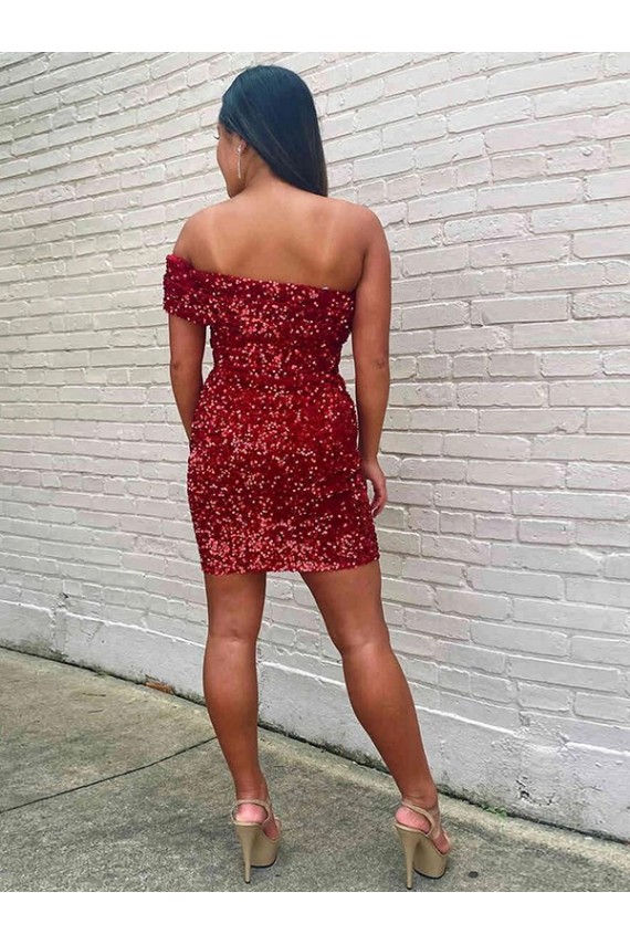 One Shoulder Short Velvet Sequin Burgundy Sleeveless Prom Dress Darwin