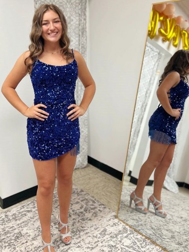 Spaghetti Straps Short Velvet Sequin Royal Blue Sleeveless Prom Dress Darwin