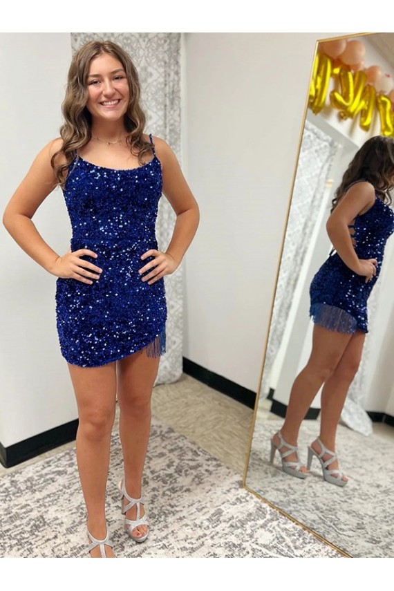 Spaghetti Straps Short Velvet Sequin Royal Blue Sleeveless Prom Dress Darwin
