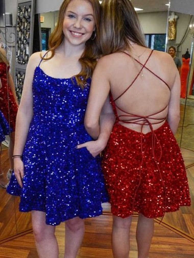 Spaghetti Straps Short Velvet Sequin Royal Blue A-Line Sleeveless Prom Dress Darwin