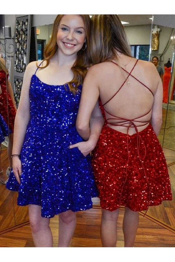 Spaghetti Straps Short Velvet Sequin Royal Blue A-Line Sleeveless Prom Dress Darwin