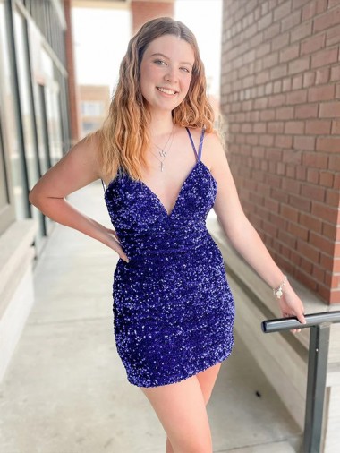 V-Neck Short Velvet Sequin Sleeveless Cocktail Dress / Prom Dress Darwin