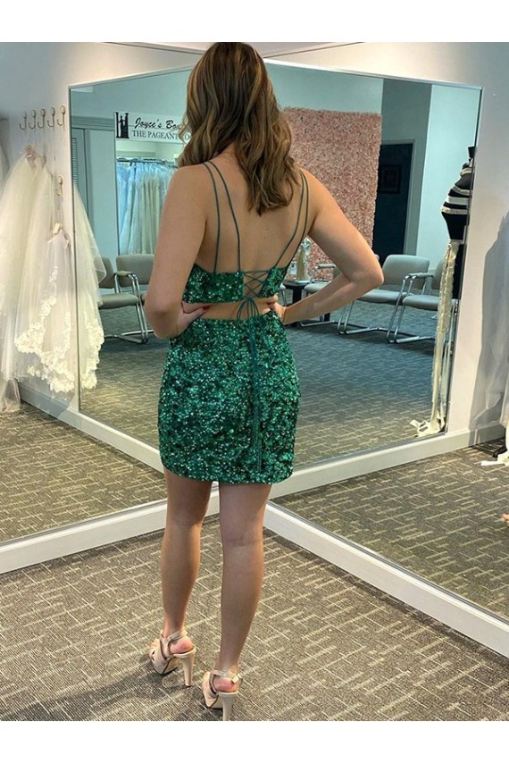 V-Neck Short Velvet Sequin Shamrock Green Sleeveless Formal Dress Darwin
